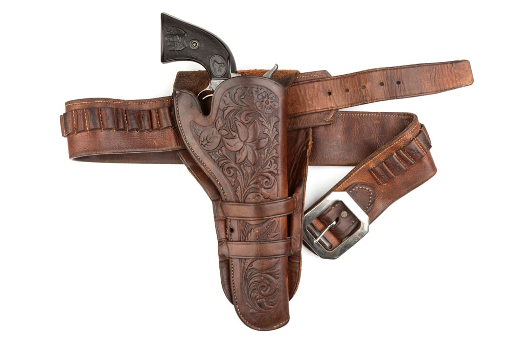 Leather Gun Rig with double loop tooled Holster marked "Eddleman Bros. Saddlery, Graham, Tex.", for (1 of 3)
