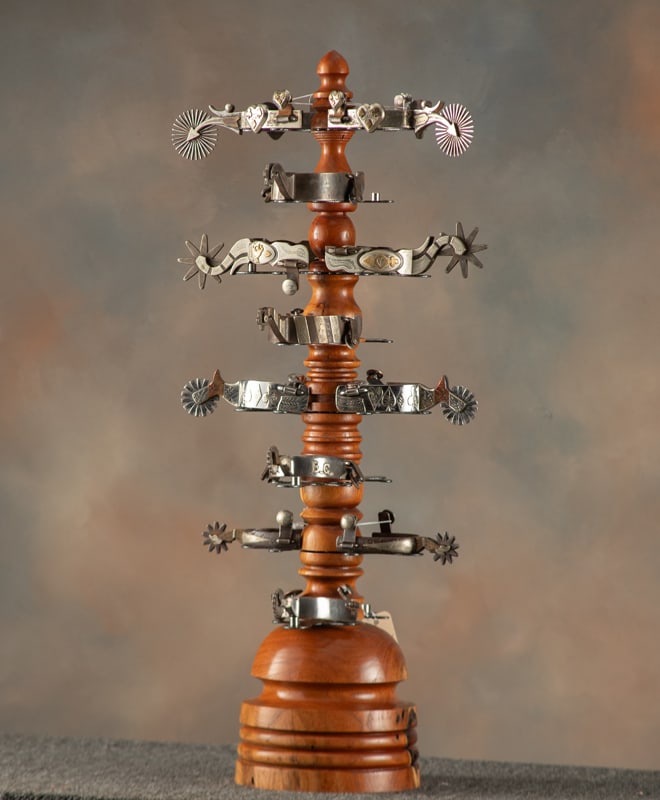 Incredible, custom made mesquite Spur Tree, measures 33" T x 8" round base, designed for 8 pairs of: Incredible, custom made mesquite Spur Tree, measures 33" T x 8" round base, designed for 8 pairs of Spurs of your choice. Extremely high quality and very desirable among spur collectors, very good con