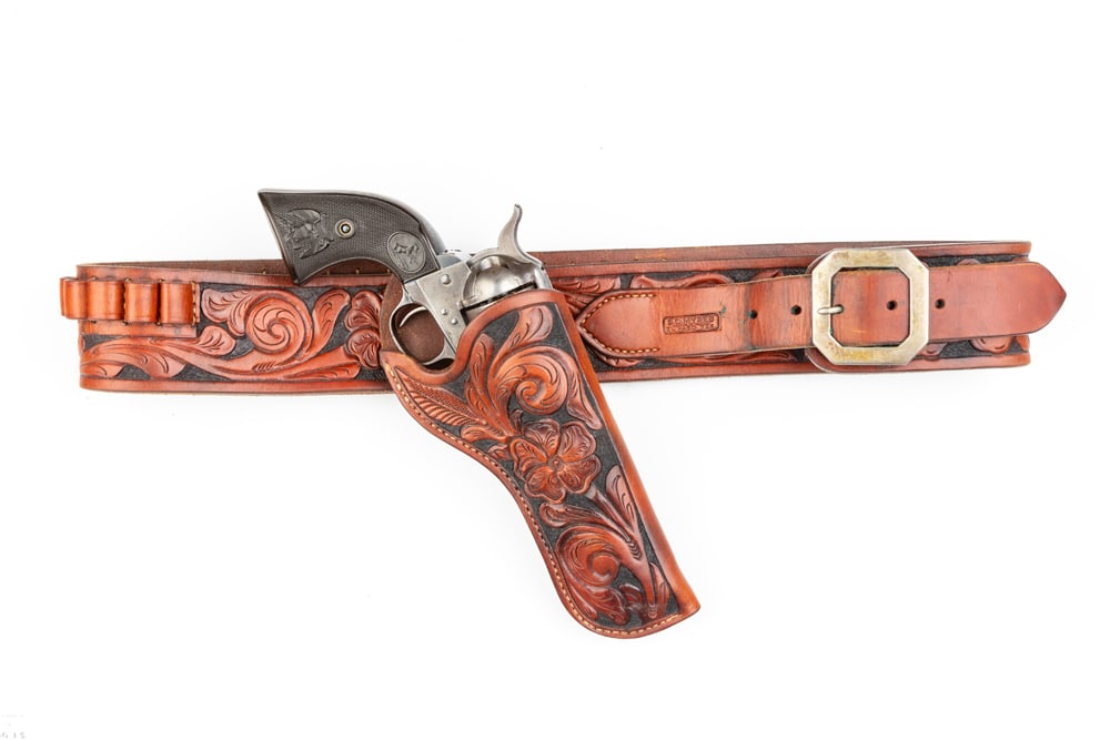 "S.D. Myres, El Paso, Tex." marked, matching two-piece tooled leather Gun Rig for a 5 1/2" Colt SAA (1 of 5)