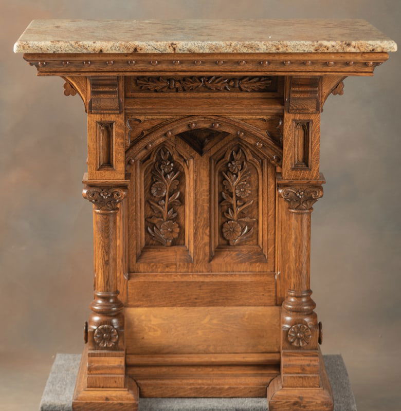 Antique, quarter sawn oak Pedestal with lift off granite top, circa 1890-1900. highly carved with (1 of 4)