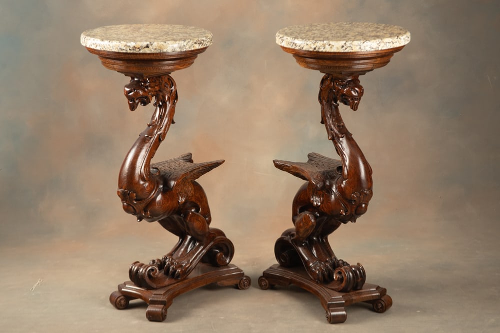 This lot will be sold two (2) times the bid, meaning your final bid will be multiplied 2 times:: This lot will be sold two (2) times the bid, meaning your final bid will be multiplied 2 times: Exceptional matching pair of antique quarter sawn oak Entrance Pedestals with full bodied, fully detaile