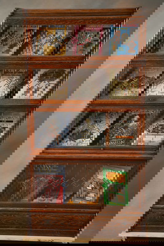 Fine "Macey" marked, step back quarter sawn oak, four sectional Stacking Bookcase, circa 1910-1915,: Fine "Macey" marked, step back quarter sawn oak, four sectional Stacking Bookcase, circa 1910-1915, all with full leaded and beveled glass windows, drawered base with desirable bull nose top. Excellen