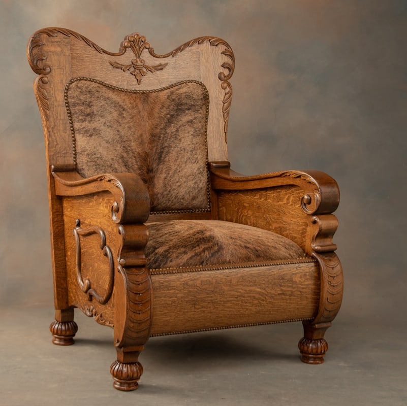 Fine antique quarter sawn oak oversized Arm Chair, circa 1900, an extremely high style with carved (1 of 2)