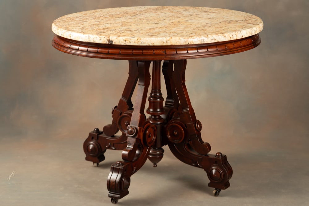 Beautiful early walnut Victorian oval marble top Table, circa 1870-1880's, very ornate carved base (1 of 3)