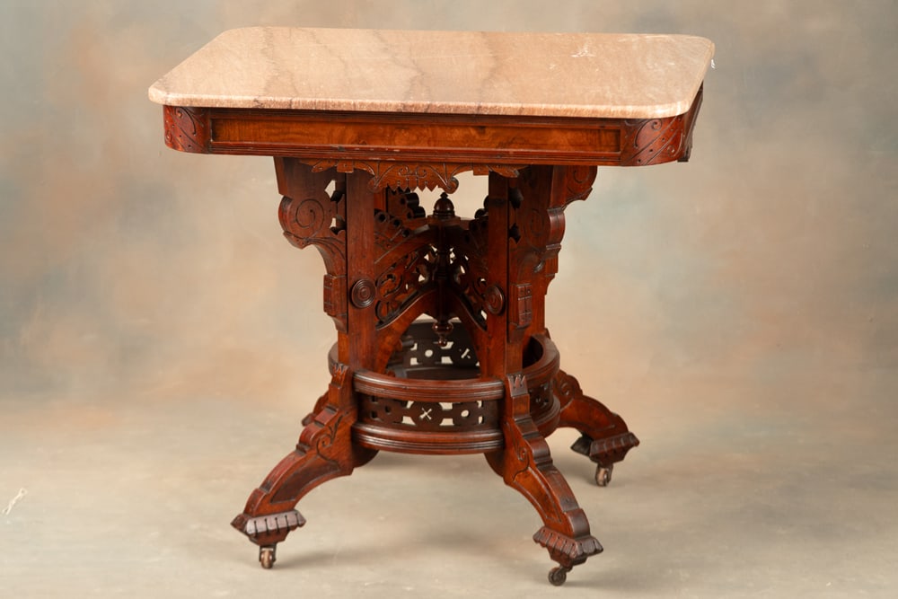 Unique Victorian walnut marble top Table with most unusual carved base and round stretcher, circa (1 of 4)