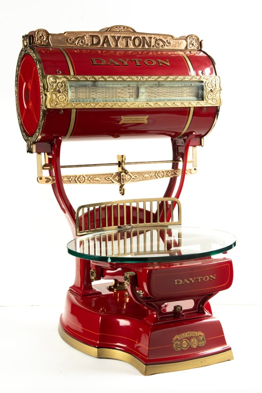 Beautiful antique "Dayton" Produce Scales, fully restored in extremely fine condition. Scales are 30: Beautiful antique "Dayton" Produce Scales, fully restored in extremely fine condition. Scales are 30 1/2" T x 14" W x 19" D with original polished glass lift off tray. Color is rich red trimmed in bra