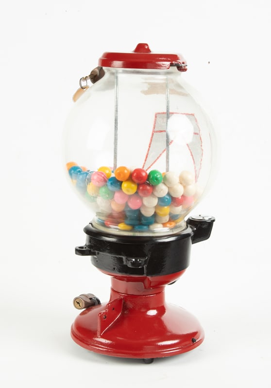 Vintage cast iron red & black porcelain One Cent, coin-op Gumball Machine marked "Columbus Vendor", (1 of 3)