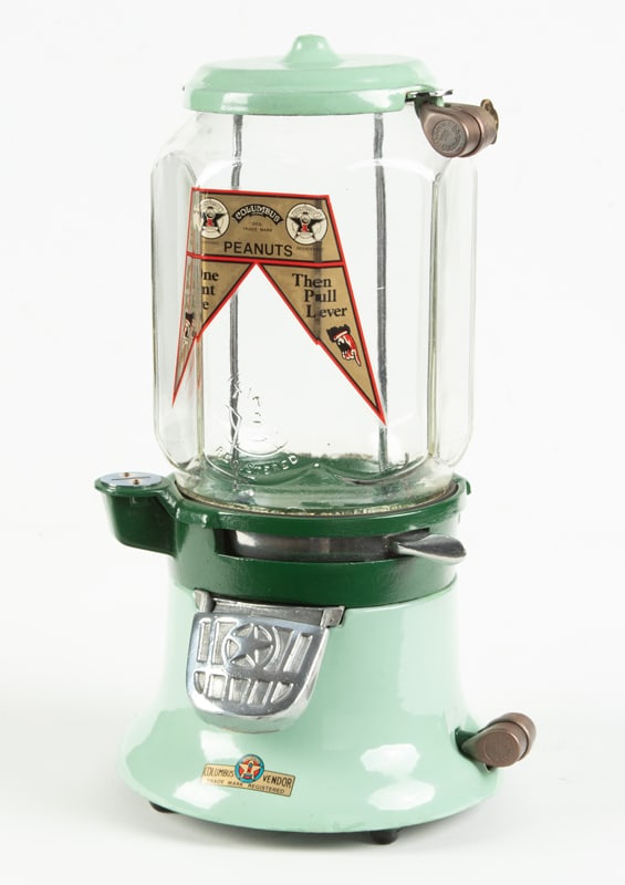 Vintage cast iron and green porcelain, coin-op Gumball Machine marked "Columbus Peanuts 1 C", (1 of 3)