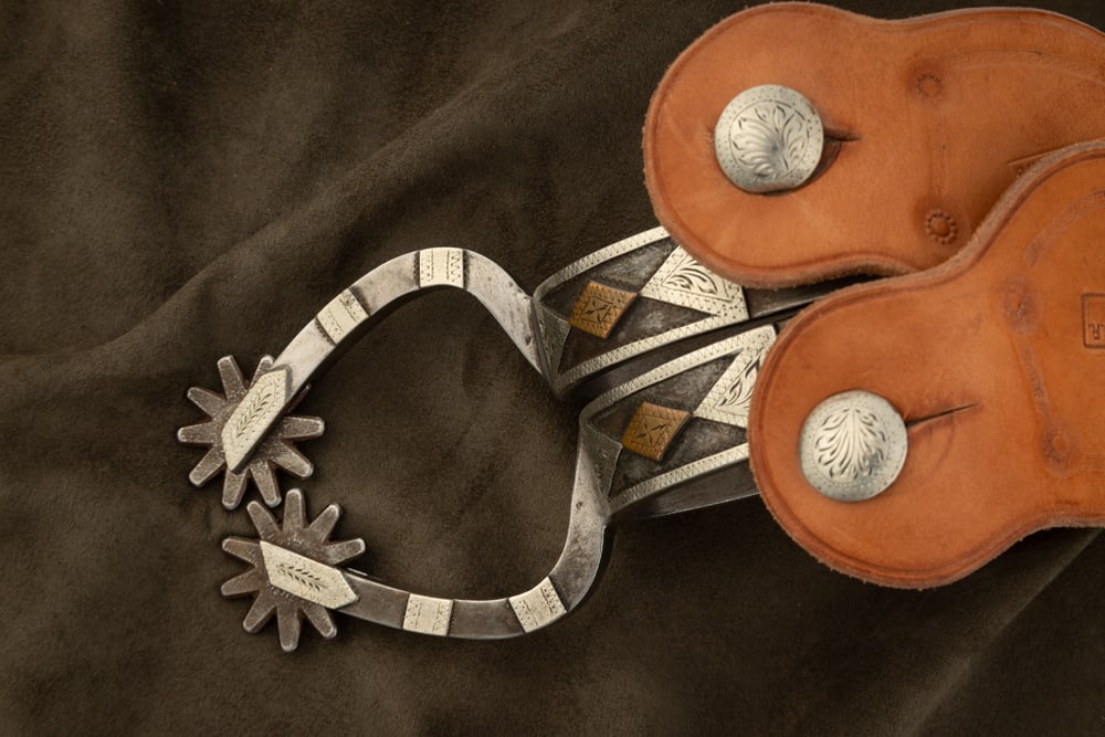 Pair of Lytle & Mower, "L&M" marked, silver mounted, double mounted Spurs with engraved silver and (1 of 1)