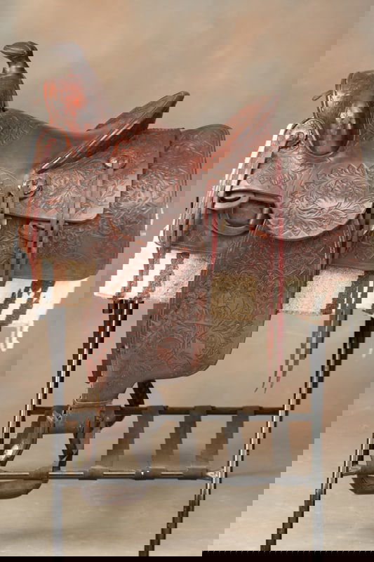 "C.P Shipley, Kansas City, Mo." marked highly tooled Saddle with square skirt, 14" seat, 3 1/2" (1 of 5)