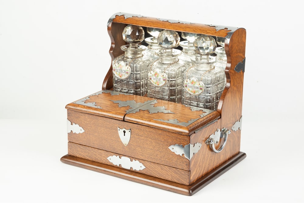 Unique antique Tantalus (Liquor Caddy), 1890-1900, beautiful quarter sawn oak with silver trim, (1 of 6)
