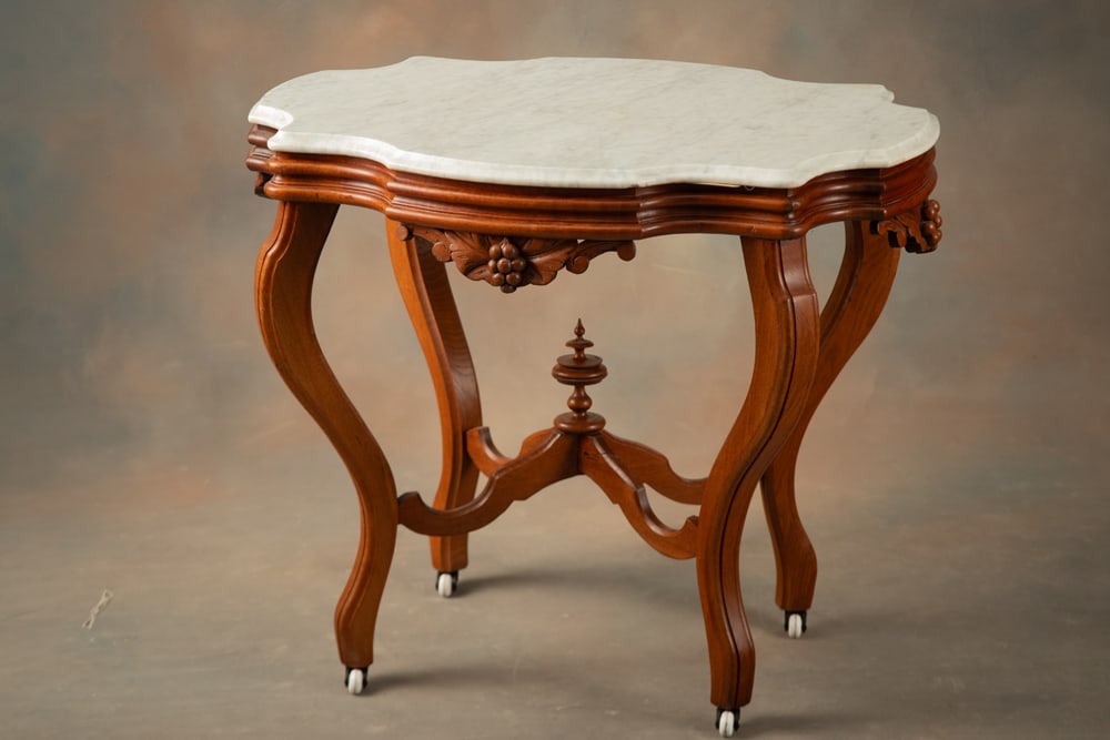 Beautiful early Victorian marble top, walnut turtle top Table, circa 1870, with hanging fruit carved (1 of 4)