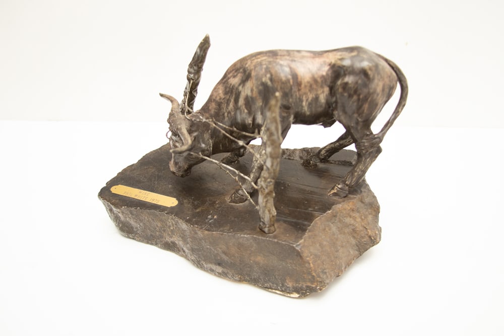 Original, medium of "Polyform" Sculpture by artist "Phillip D. White, Amarillo, Texas, 1975",: Original, medium of "Polyform" Sculpture by artist "Phillip D. White, Amarillo, Texas, 1975", titled "WIRE", measures 7" T x 10 1/2" base. Subject matter is long horn bull caught in wire fence. Estate