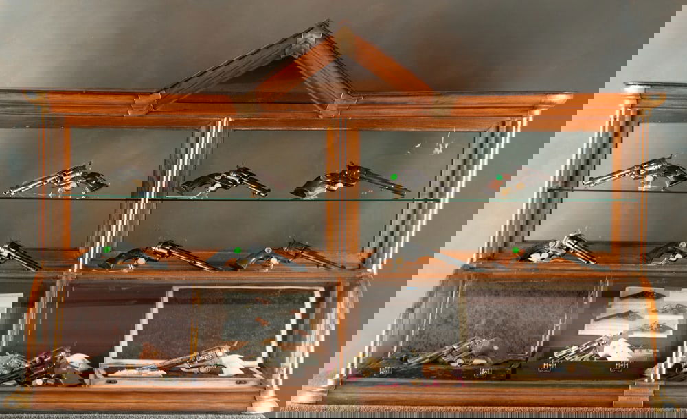 Antique 6 ft. oak, cathedral, counter top Showcase with brass label marked "EXCELSIOR/SHOW CASE: Antique 6 ft. oak, cathedral, counter top Showcase with brass label marked "EXCELSIOR/SHOW CASE WORKS/Jos. Knittel Prop/QUINCY, ILLINOIS/Branch House/St. Louis, Mo./CHICAGO". Very nice condition with