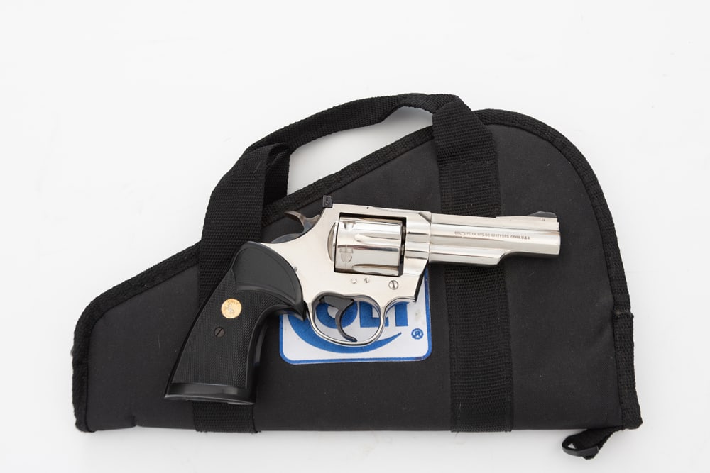 Colt, Trooper Mark III, DA Revolver, .357 Mag caliber, SN J69898, nickel finish, 4" barrel, very: Colt, Trooper Mark III, DA Revolver, .357 Mag caliber, SN J69898, nickel finish, 4" barrel, very nice original finish with Pachmayr hard plastic grips and gold Colt Medallion. Nice overall condition w