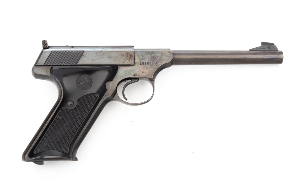 Colt Woodsman Semi-Auto Pistol, .22 L.R. caliber, SN 181087-S, original blue finish, 6" barrel,: Colt Woodsman Semi-Auto Pistol, .22 L.R. caliber, SN 181087-S, original blue finish, 6" barrel, original magazine and original plastic thumb rest grips, overall very good condition with light frecklin