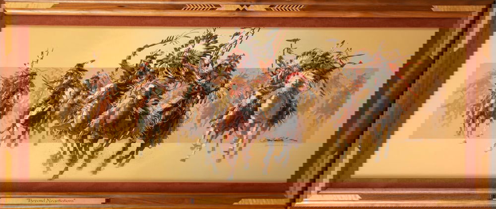 Bev Doolittle hand signed Giclee titled "Beyond Negotiations", in beautiful inlaid wooden frame that: Bev Doolittle hand signed Giclee titled "Beyond Negotiations", in beautiful inlaid wooden frame that measures 21" x 49". NOTE: Original Certificate of Authenticity in see through plastic pocket verso.