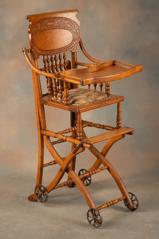 Antique quarter sawn oak, collapsible High Chair/Stroller, circa 1900, attributed to Larkin Co., (1 of 3)