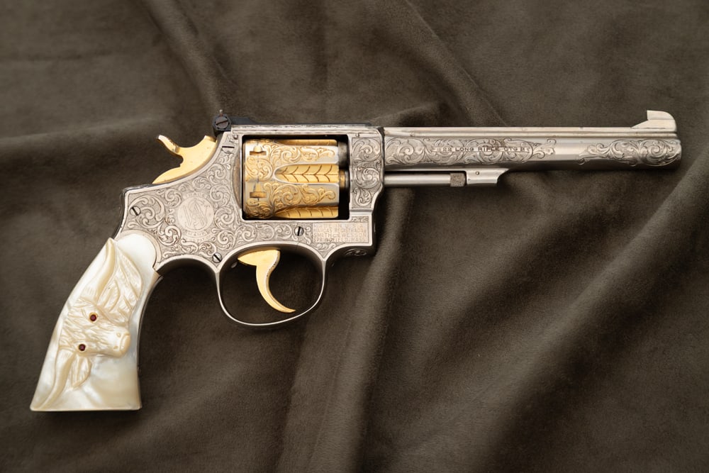 Outstanding Engraved Smith & Wesson K22 Revolver, SN K 101947, carved steer head Pearl grips, (1 of 3)
