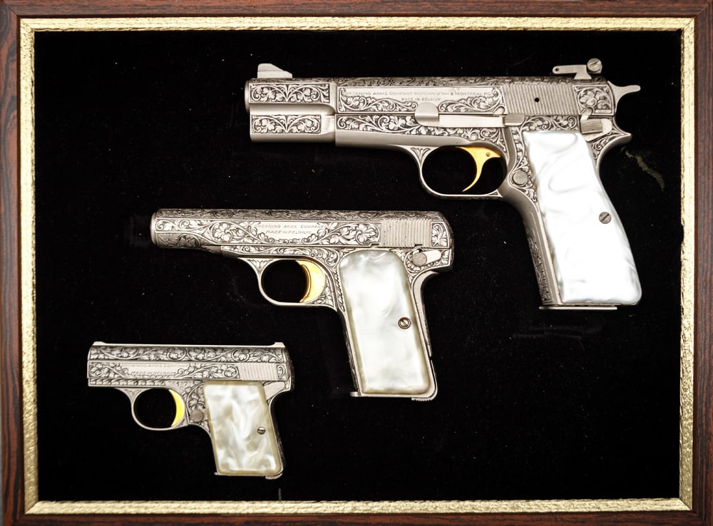 Browning Renaissance 3 Gun Set of factory engraved Semi-Auto Pistols, all with simulated pearl grips: Browning Renaissance 3 Gun Set of factory engraved Semi-Auto Pistols, all with simulated pearl grips and Renaissance style engraving featuring a vine and floral pattern and complete with a custom fitt