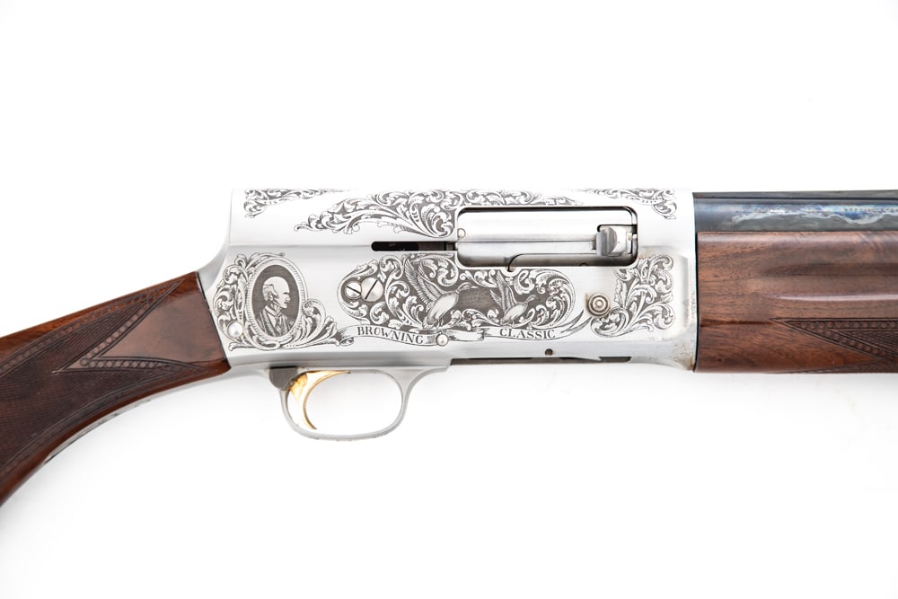 Browning, Model A-5 Classic, 12 ga., S/A Shotgun, SN 211BC2929. This Shotgun has a 27" vent rib: Browning, Model A-5 Classic, 12 ga., S/A Shotgun, SN 211BC2929. This Shotgun has a 27" vent rib barrel, nickel finish receiver, scroll engraving and wild life including ducks and dogs. Also the likene