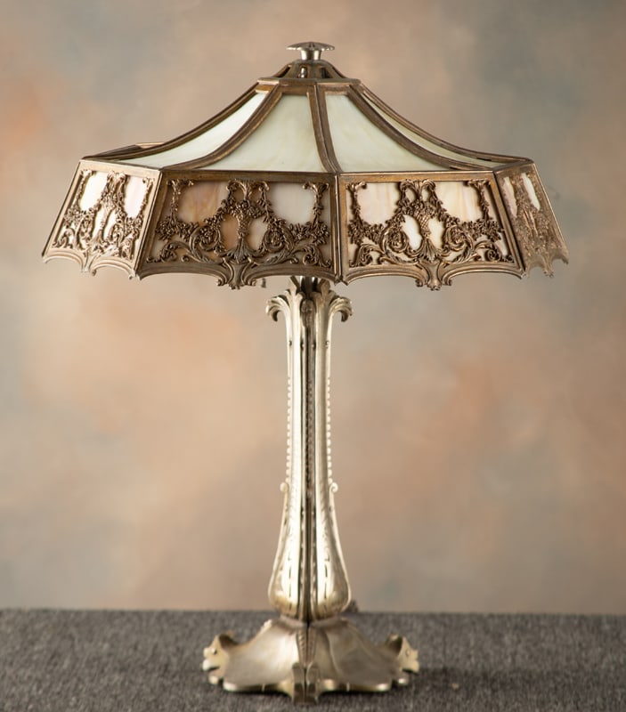 "Bradley & Hubbard" marked stained glass Table Lamp, circa 1920s, in excellent finish and condition, (1 of 2)