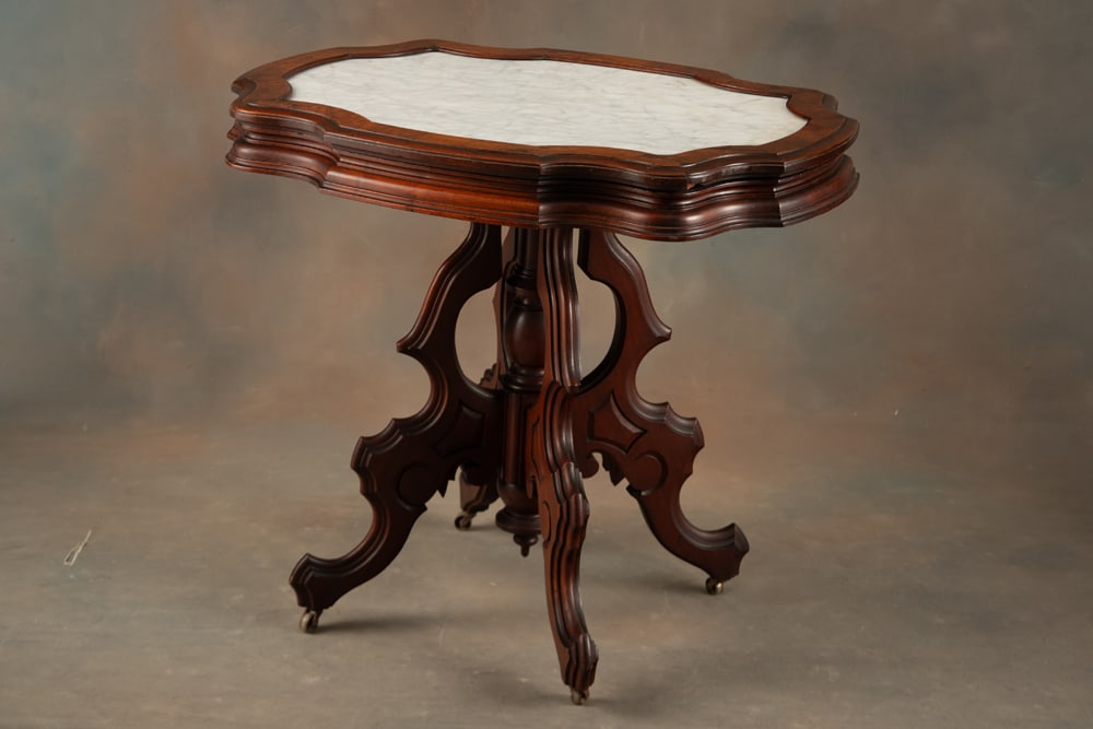 Early Victorian marble top, turtle top Lamp Table, post-Civil War, 1870-1880s, in original estate (1 of 2)
