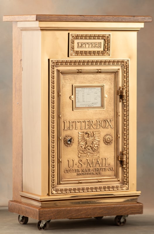 Beautiful floor model, antique brass and oak Letterbox, marked "Letter Box/ U.S. Mail/ Cutler Mail: Beautiful floor model, antique brass and oak Letterbox, marked "Letter Box/ U.S. Mail/ Cutler Mail Chute Co./Rochester, N.Y." Very ornate with letter chute and ornate full door front with key, measure
