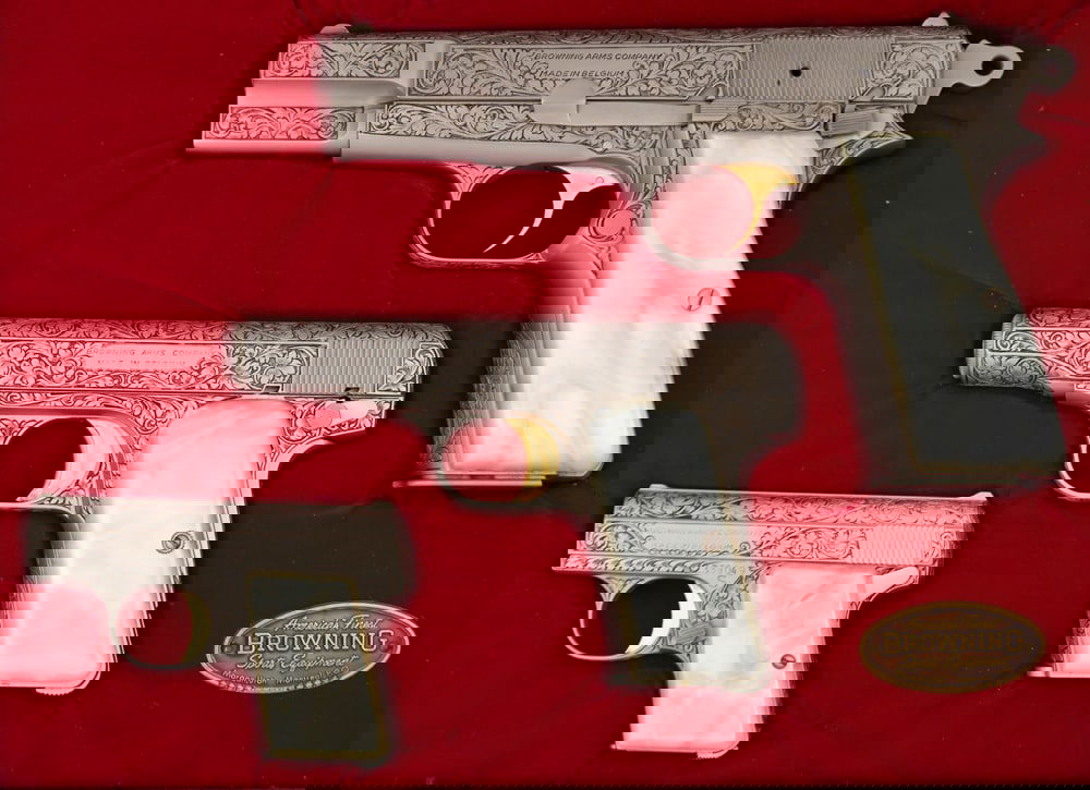 Browning Renaissance 3 Gun Set of Factory Engraved Semi-Automatic Pistols, all with simulated pearl: Browning Renaissance 3 Gun Set of Factory Engraved Semi-Automatic Pistols, all with simulated pearl grips and Renaissance style engraving featuring a vine and floral pattern and complete with a Browni