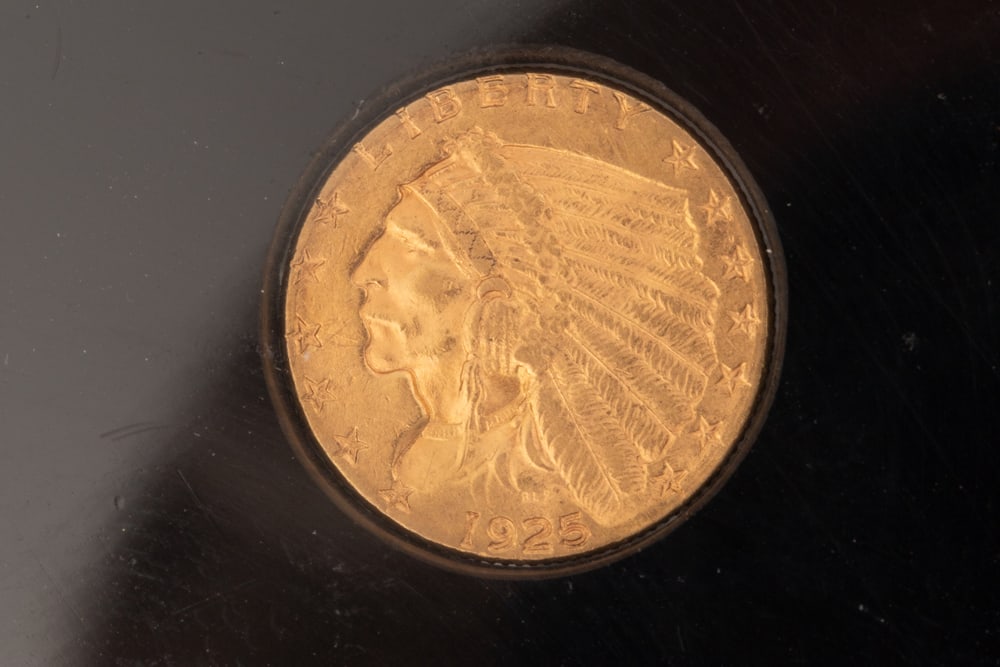 1925 Gold Indian Head $2.5 Dollar Coin in near uncirculated condition. The $2.5 Indian Heads were (1 of 2)