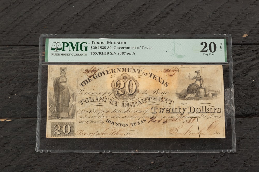 Signed Sam Houston Government of Texas Twenty Dollar Note, dated November 15, 1838, two years after: Signed Sam Houston Government of Texas Twenty Dollar Note, dated November 15, 1838, two years after the Alamo. It is graded by PMG, very fine.