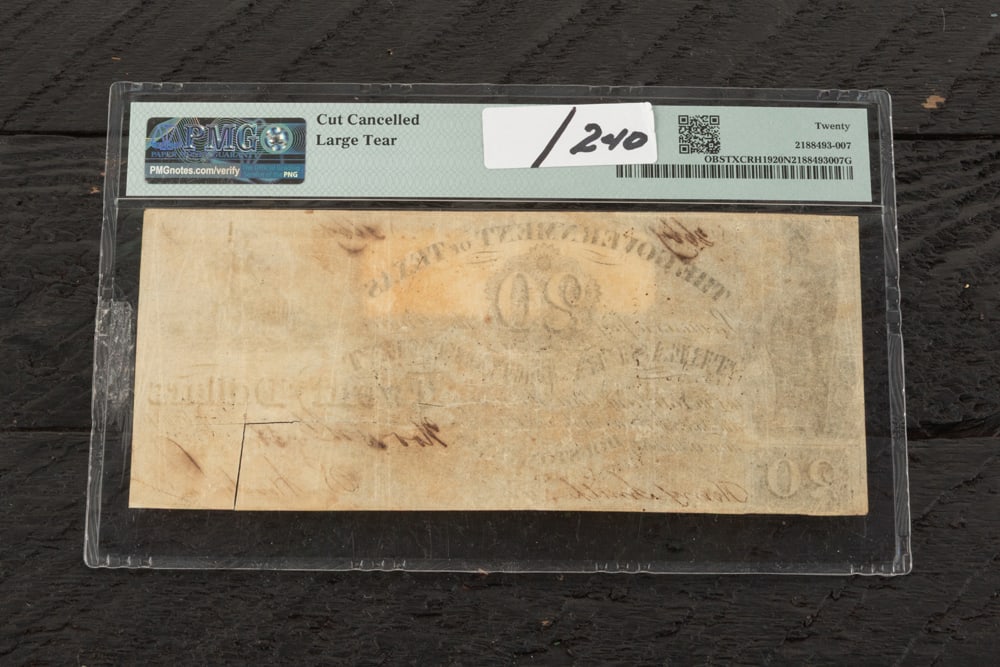 Signed Sam Houston Government of Texas Twenty Dollar Note, dated November 15, 1838, two years after - 2