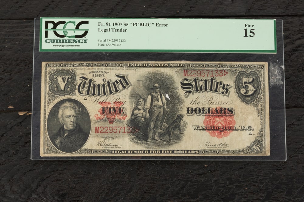 United States Five Dollar Note, Series of 1907, graded fine by PCGS Currency. Serial Number (1 of 2)