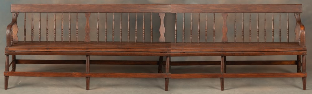 Antique wooden 8 ft. Railroad Bench, with 28 spindles in back and slatted wooden seat. This early (1 of 1)