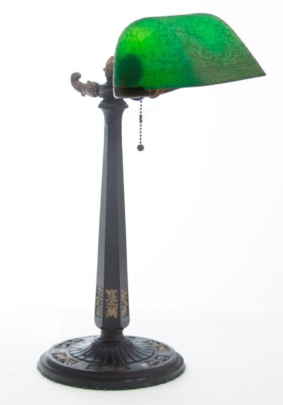 Emeralite Desk Lamp with original "Chipped Ice" shade made by McFadden Shade Co. Very desirable (1 of 2)