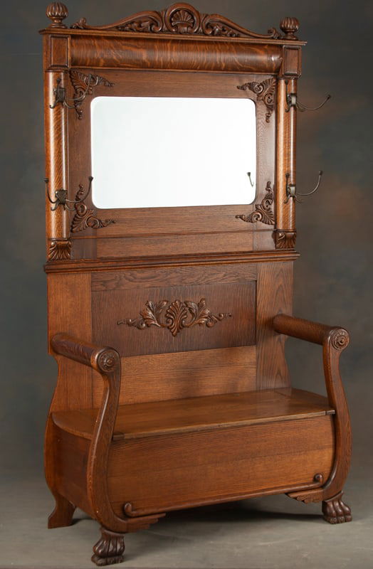 Beautiful antique quarter sawn oak, claw foot, lift seat Hall Tree with original hooks and fancy (1 of 1)