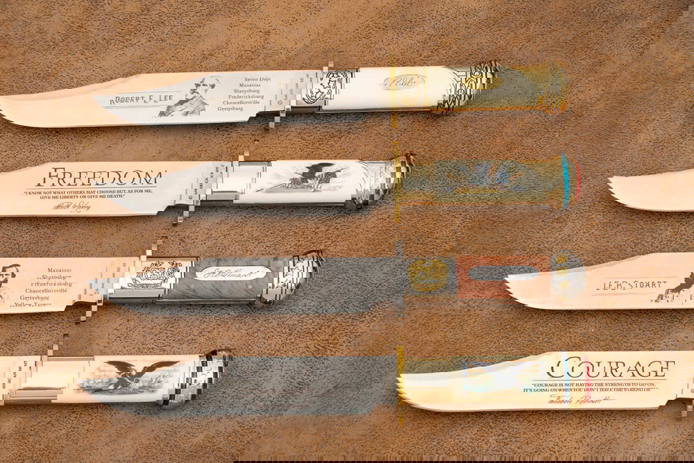 Set of four (4) Commemorative Type, Clip Point Bowie Knives, marked on Ricasso "American Mint" . One: Set of four (4) Commemorative Type, Clip Point Bowie Knives, marked on Ricasso "American Mint" . One is marked "J.E.B. Stuart, 150th Civil War Commemorative." (2) Marked "Courage, Teddy Roosevelt". (3