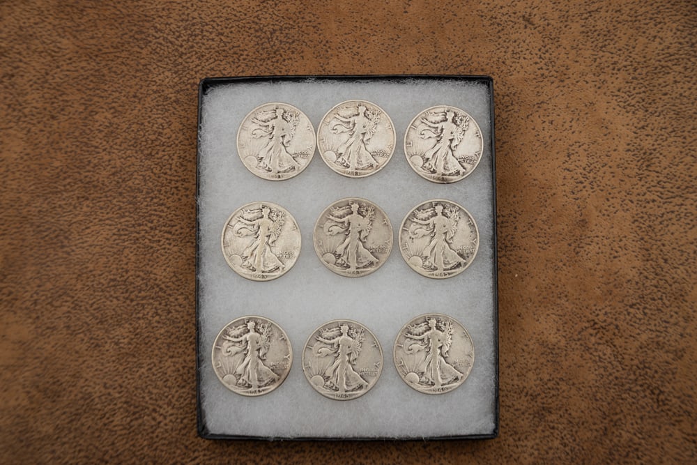 This lot will be sold 9 times the bid, meaning your final bid will be multiplied 9 times: Nine: This lot will be sold 9 times the bid, meaning your final bid will be multiplied 9 times: Nine Walking Liberty Half Dollars, 5 are dated 1943, 3 are dated 1945 and one is dated 1946. Will be sold 9 ti