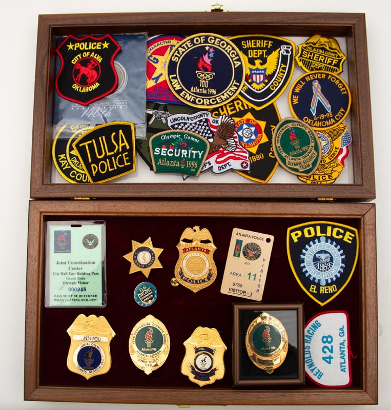 Badge and Patch Collection that once belonged to avid badge collector Lee Hutcheson. Includes seven: Badge and Patch Collection that once belonged to avid badge collector Lee Hutcheson. Includes seven beautiful Law Enforcement Badges pertaining to Atlanta and Dekalb, Georgia. Most are in gold finish