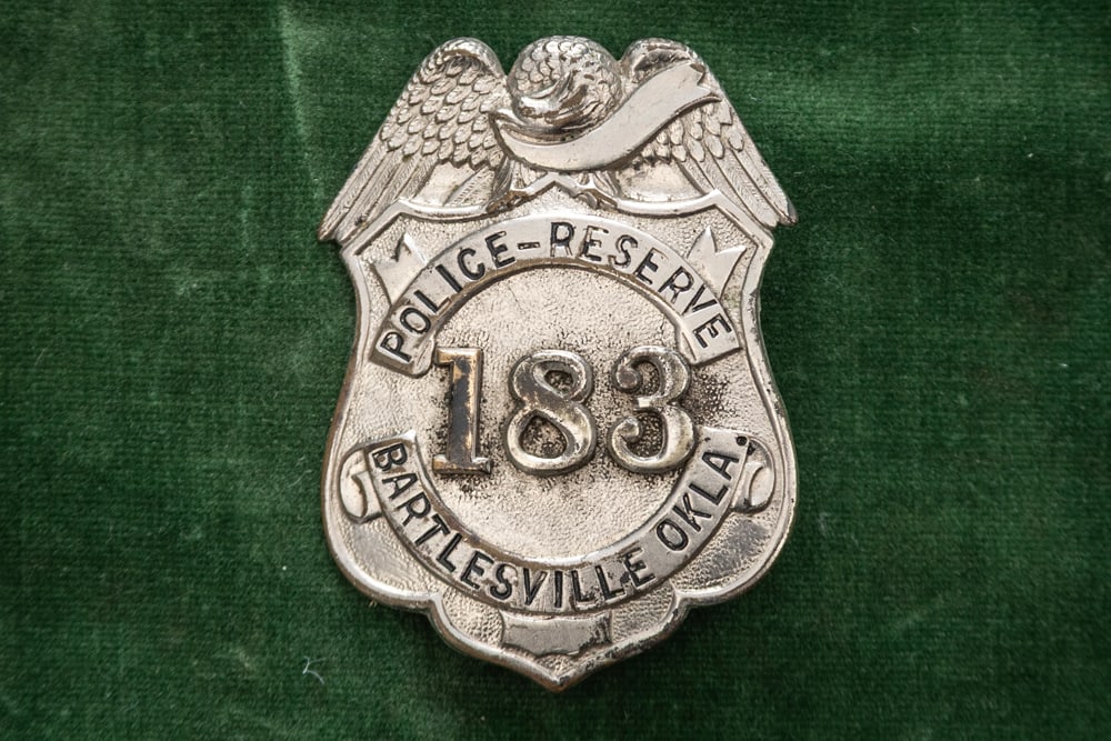 Shield shaped vintage Badge with Eagle Crest marked “POLICE-RESERVE / BARTLESVILLE OKLA.?? with (1 of 2)