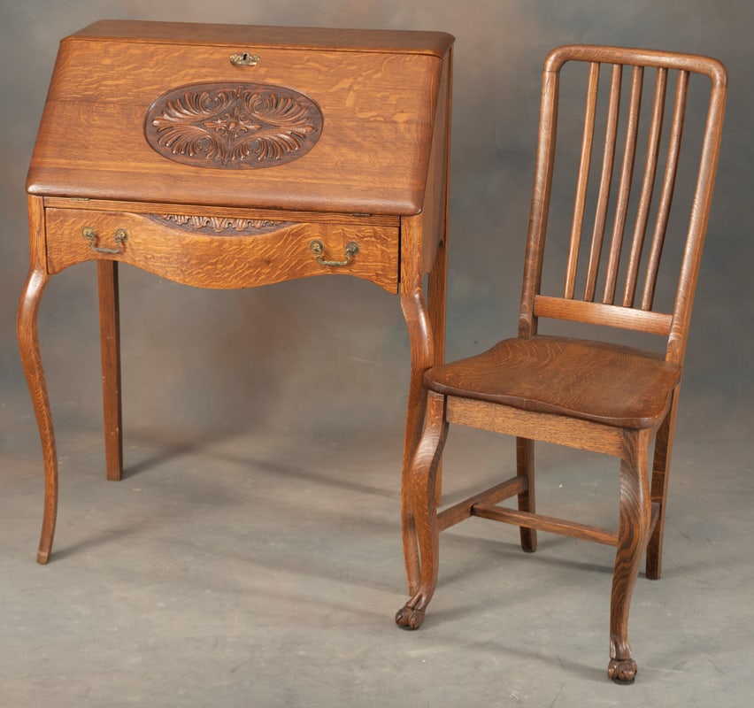 Beautiful antique oak Ladies Drop Front Desk and matching claw foot Chair, circa 1900-1910, (1 of 2)
