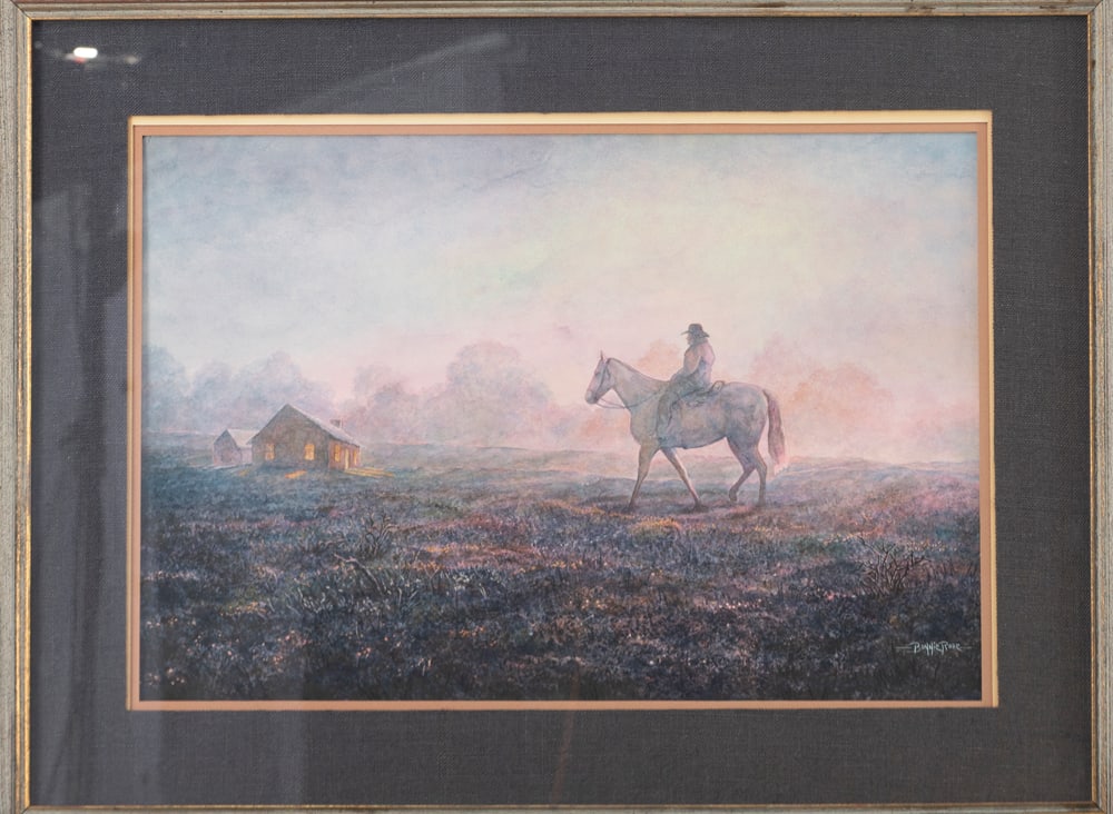 Framed Watercolor by noted Texas Artist the late Bonnie Rose, titled "Ridin' For Home", signed at: Framed Watercolor by noted Texas Artist the late Bonnie Rose, titled "Ridin' For Home", signed at lower right. Bonnie Rose worked in Watercolors and Paintings, she was originally from Corpus Christi,