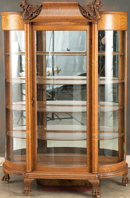 Beautiful antique, quarter sawn oak, claw foot, curved glass China Cabinet, circa 1910-1915, in (1 of 2)