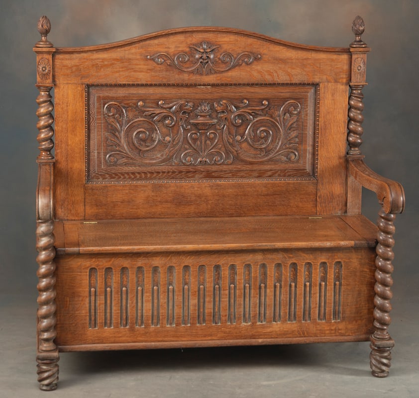 Very ornate American antique oak, Lift Seat Hall Bench, circa 1900-1910, measures 49 1/2" T x 50" W (1 of 2)