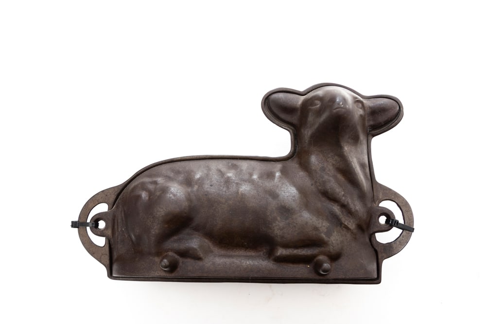 Vintage unmarked Cast Iron Two-piece Lamb Cake Mold, measures 13 1/2" L x 9" T x 4" D. Attributed to (1 of 2)