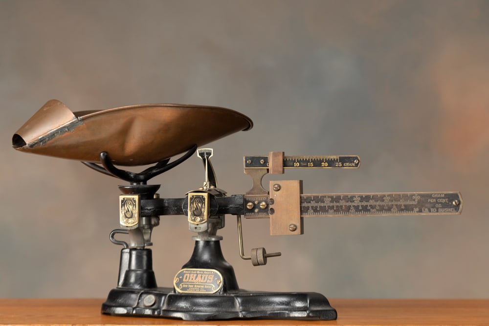 Antique brass & iron Seed Scales manufactured by "OHAUS Seed Trade Bureau, Chicago, Ill.", original (1 of 3)