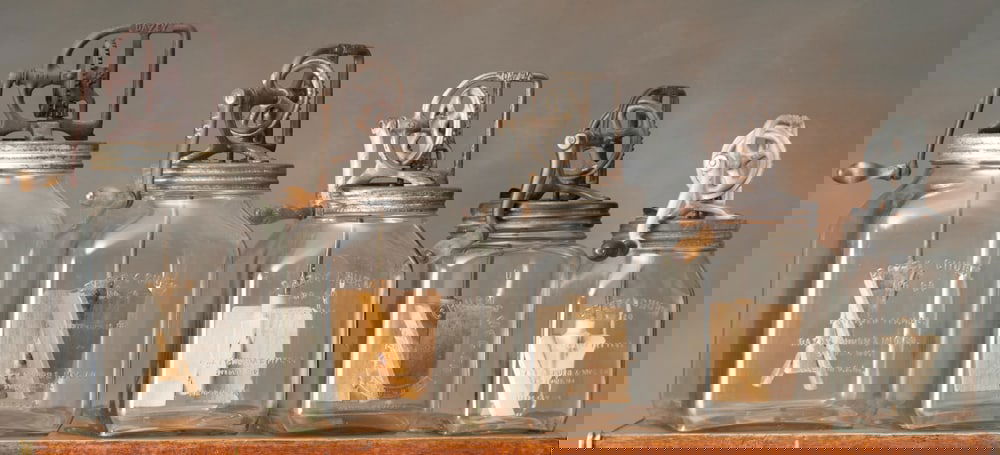 This lot will be sold Five (5) times the bid, meaning your final bid will be multiplied 5 times:: This lot will be sold Five (5) times the bid, meaning your final bid will be multiplied 5 times: Collection of Five (5) antique embossed glass "Daisey" marked Churns with the correct "Daisey" marked t