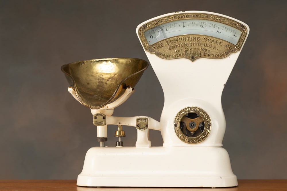 Antique porcelain and cast iron Candy Scales with brass tray made by "The Computing Scale Co., (1 of 2)