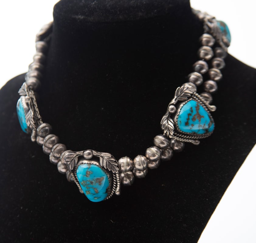 Turquoise Necklace with 5 polished turquoise stones on double row of silver beads. Each stone is (1 of 2)