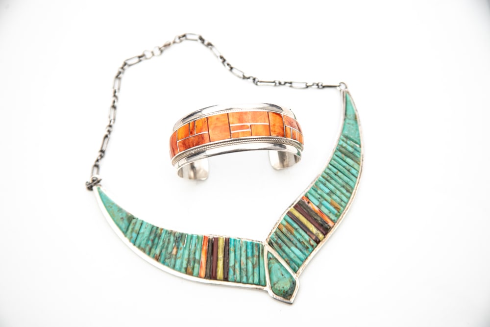 Matching turquoise and coral Necklace and Cuff, maker marked "RGB" and "Sterling". (1 of 3)